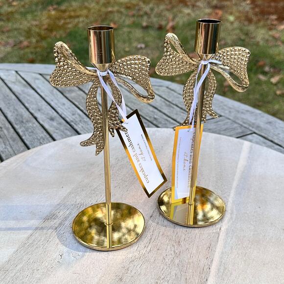 NEW Cupcakes and Cashmere Rhinestone Gold Bow Taper Candle Holders Set of 2 - Picture 7 of 10